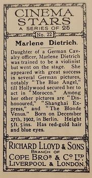 1932 Lloyd's Cinema Stars #22 Marlene Dietrich Back