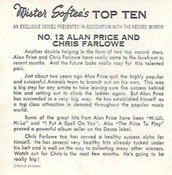 1967 Mister Softee's Top Ten #12 Alan Price / Chris Farlowe Back