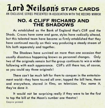1967 Lord Neilson's Star Cards #4 Cliff Richard and The Shadows Back