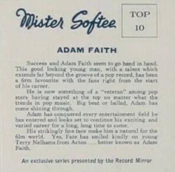 1964 Mister Softee Top Ten #NNO Adam Faith Back