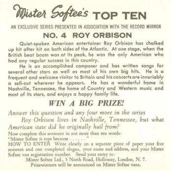 1965 Mister Softee’s Top Ten #4 Roy Orbison Back