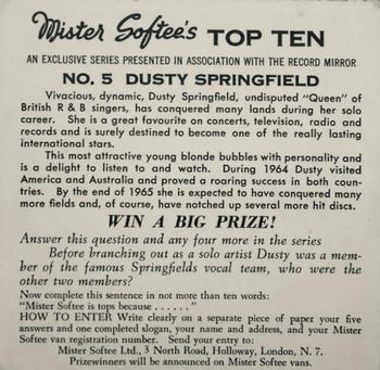 1965 Mister Softee’s Top Ten #5 Dusty Springfield Back