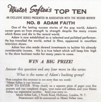 1965 Mister Softee’s Top Ten #8 Adam Faith Back