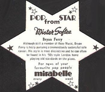 1975 Mister Softee Pop Stars #NNO Bryan Ferry Back