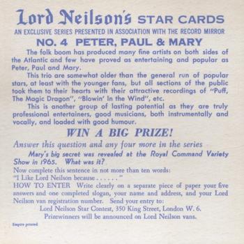 1966 Lord Neilson's Star Cards #4 Peter, Paul & Mary Back