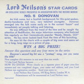 1966 Lord Neilson's Star Cards #5 Donovan Back