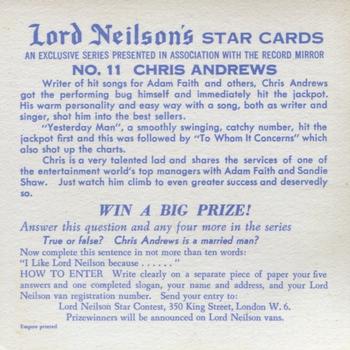 1966 Lord Neilson's Star Cards #11 Chris Andrews Back