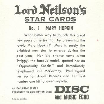 1969 Lord Neilson's Star Cards #1 Mary Hopkin Back