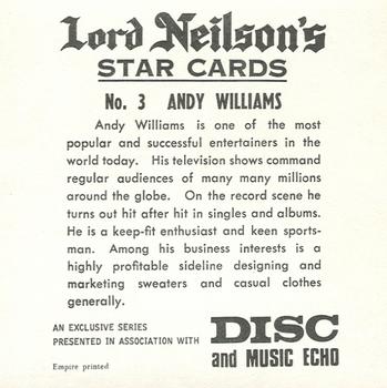 1969 Lord Neilson's Star Cards #3 Andy Williams Back