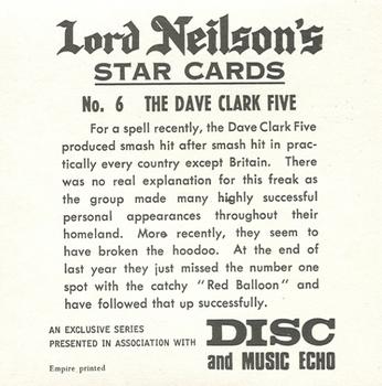 1969 Lord Neilson's Star Cards #6. The Dave Clark Five Back