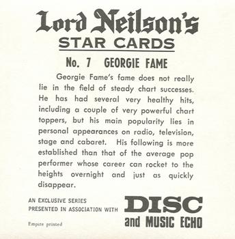 1969 Lord Neilson's Star Cards #7 Georgie Fame Back