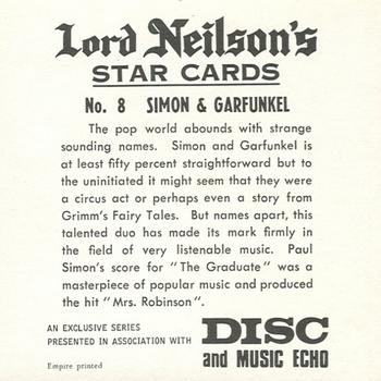 1969 Lord Neilson's Star Cards #8 Simon & Garfunkel Back
