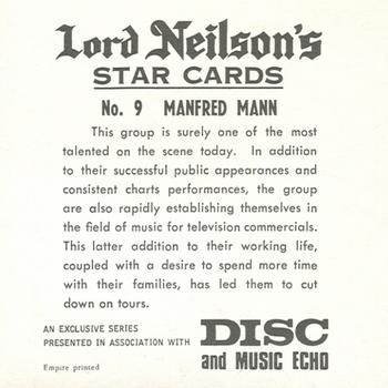 1969 Lord Neilson's Star Cards #9 Manfred Mann Back