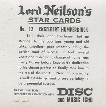 1969 Lord Neilson's Star Cards #12 Engelbert Humperdinck Back