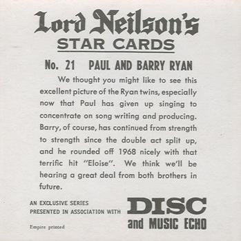 1969 Lord Neilson's Star Cards #21 Paul and Barry Ryan Back