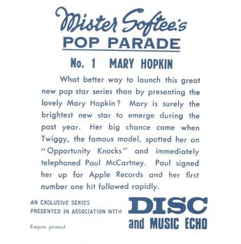 1969 Mister Softee's Pop Parade #1 Mary Hopkin Back