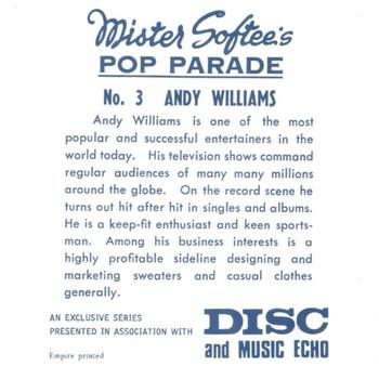 1969 Mister Softee's Pop Parade #3 Andy Williams Back