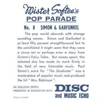 1969 Mister Softee's Pop Parade #8 Simon & Garfunkel Back