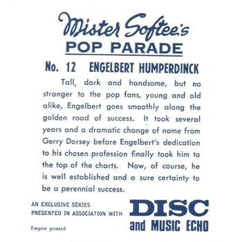 1969 Mister Softee's Pop Parade #12 Engelbert Humperdinck Back