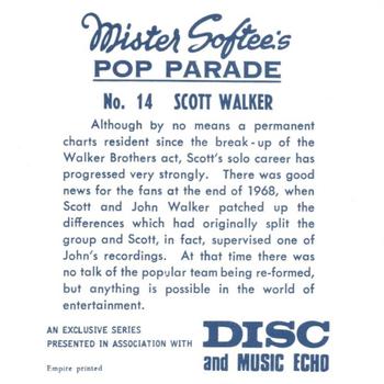 1969 Mister Softee's Pop Parade #14 Scott Walker Back