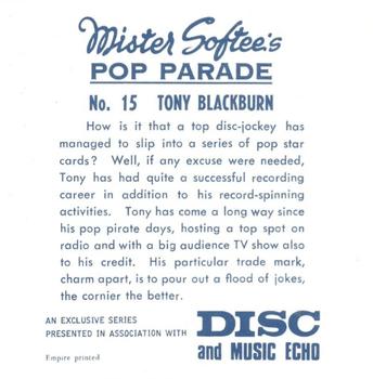 1969 Mister Softee's Pop Parade #15 Tony Blackburn Back