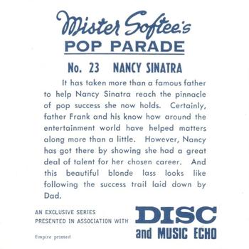 1969 Mister Softee's Pop Parade #23 Nancy Sinatra Back