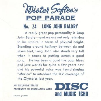 1969 Mister Softee's Pop Parade #24 Long John Baldry Back
