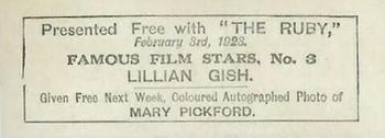 1923 The Ruby Famous Film Stars #3 Lillian Gish Back