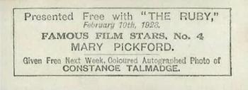 1923 The Ruby Famous Film Stars #4 Mary Pickford Back