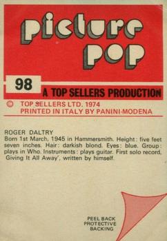 1974 Panini Top Sellers Picture Pop Stickers #98 Roger Daltrey Back