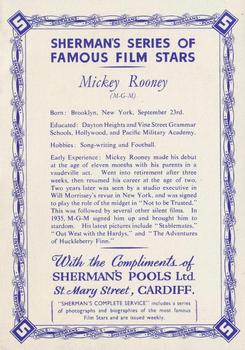 1940 Sherman Pools Famous Film Stars #NNO Mickey Rooney Back
