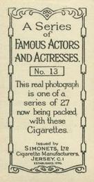 1929 Simonets Famous Actors & Actresses #13 Reginald Denny Back