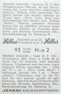 1963 Hellas Filmitahti-sarja 25 #2 Frankie Avalon Back