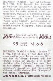 1963 Hellas Filmitahti-sarja 25 #6 Elizabeth Taylor Back