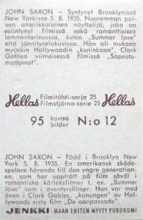1963 Hellas Filmitahti-sarja 25 #12 John Saxon Back