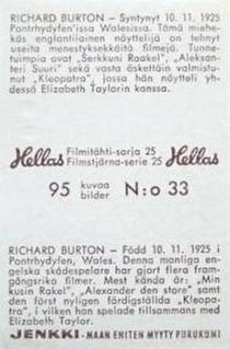 1963 Hellas Filmitahti-sarja 25 #33 Richard Burton Back