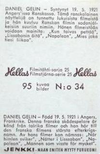 1963 Hellas Filmitahti-sarja 25 #34 Daniel Gelin Back