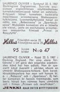 1963 Hellas Filmitahti-sarja 25 #47 Laurence Olivier Back