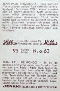 1963 Hellas Filmitahti-sarja 25 #63 Jean-Paul Belmondo Back