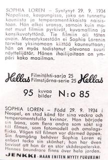 1963 Hellas Filmitahti-sarja 25 #85 Sophia Loren Back
