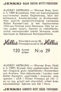 1964 Hellas Filmitahti-sarja 26 #29 Audrey Hepburn Back