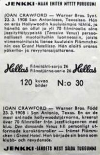 1964 Hellas Filmitahti-sarja 26 #30 Joan Crawford Back