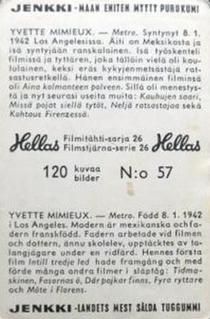 1964 Hellas Filmitahti-sarja 26 #57 Yvette Mimieux Back