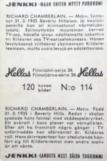 1964 Hellas Filmitahti-sarja 26 #114 Richard Chamberlain Back