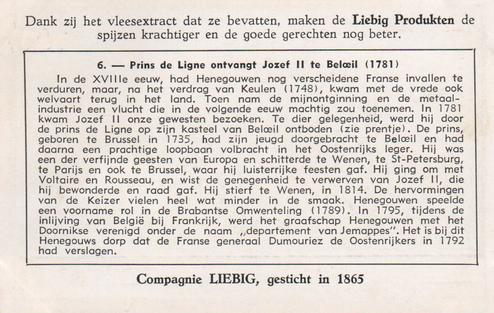 1951 Liebig De Geschiedenis van onze provincies - Henegouwen (History of Hainault) (Dutch Text) (F1518, S1524) #6 Prins de Ligne ontvangt Jozej II te Beloeil (1781) Back