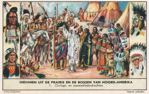 1956 Liebig Indianen uit de praire en de bossen van Noord-Amerika (Indians of the North American Plains) (Dutch Text) (F1642, S1641) #1 Oorlogs- en staatsieklederdracchten Front