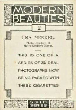 1938 British American Tobacco Modern Beauties 6th Series Extra Large #2 Una Merkel Back