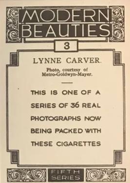 1938 British American Tobacco Modern Beauties 5th Series Extra Large #3 Lynne Carver Back