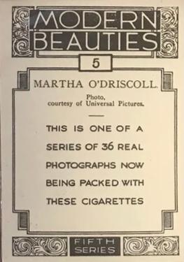 1938 British American Tobacco Modern Beauties 5th Series Extra Large #5 Martha O'Driscoll Back