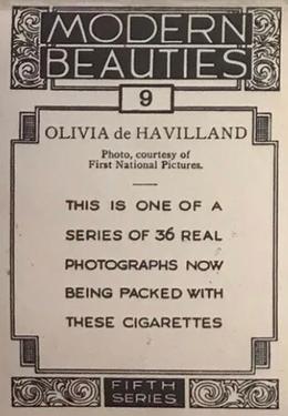 1938 British American Tobacco Modern Beauties 5th Series Extra Large #9 Olivia DeHavilland Back